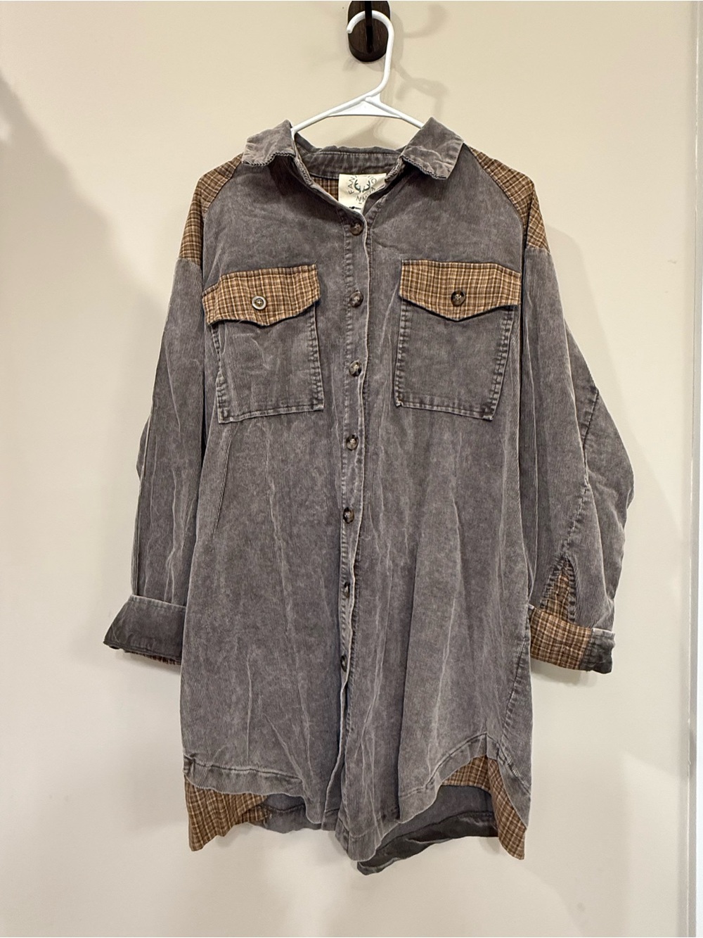 Fantastic Fawn Gray Washed Oversized Shirt Jacket with Brown Plaid Accents